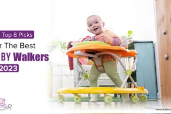 Image features a baby and his walker.